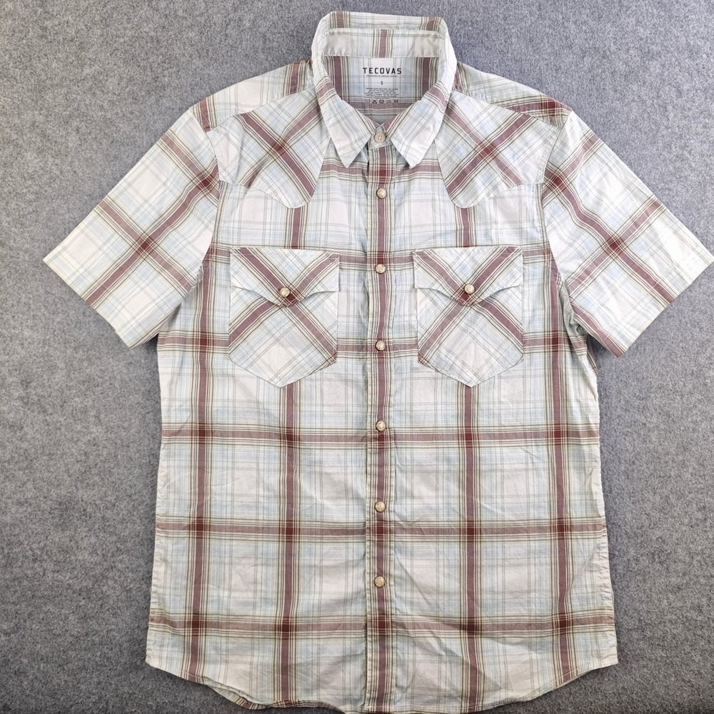 Tecovas Mens Short Sleeve Western Pearl Snap Plaid Shirt Small White Brown Blue